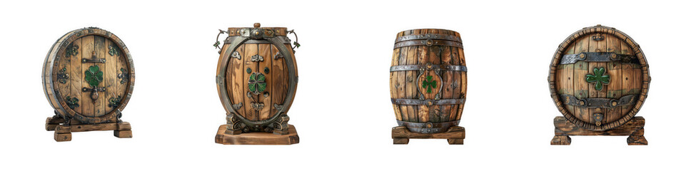 Fototapeta premium Four detailed wooden barrels with metal accents showcasing various designs on transparent background high quality professional