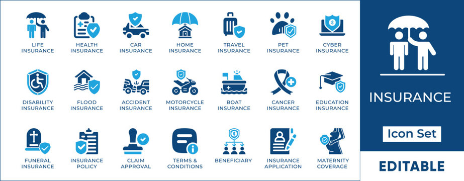 Insurance Coverage Risk Management Policy Claim Fintech Vector Icon Set