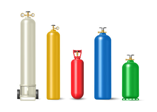 Gas metal cylinders, tank bottles or containers of oxygen, propane and hydrogen. Vector LPG canisters set. Realistic barrels of compressed gas storage with argon, helium and nitrogen