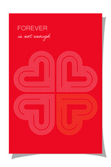 Geometric heart composition with fine lines. Four hearts form abstract clover shape. Red background and minimal text convey strong romantic feeling.