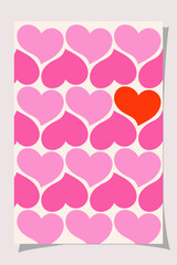 Seamless pattern with pink hearts. One red heart stands out from the group. Visual metaphor for uniqueness and affection in romantic context.