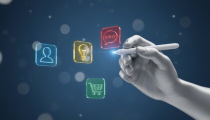 Hand interacting with a futuristic interface, utilizing a digital stylus to select glowing application icons representing communication, ideas, and e commerce for a seamless user experience