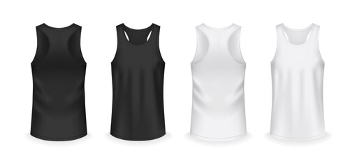 Naklejka premium Shirts with no sleeve, sleeveless tshirts for men and women. Vector realistic style, isolated set of basic comfortable clothing for sports and everyday activities. Mockup of clothes, branding and ads