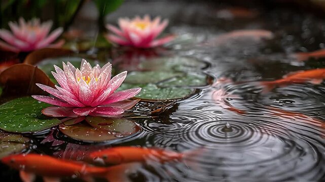 A pink lotus among koi fish in pond concept. Beautiful lotus flower centered in peaceful water with vivid koi presence.