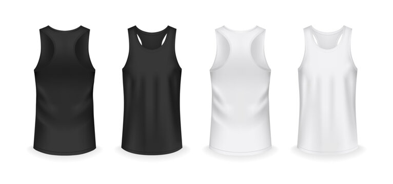 Shirts with no sleeve, sleeveless tshirts for men and women. Vector realistic style, isolated set of basic comfortable clothing for sports and everyday activities. Mockup of clothes, branding and ads