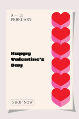 Valentines Day banner with isometric red hearts on light background. Vertical sale layout with bold date and shop now call to action.