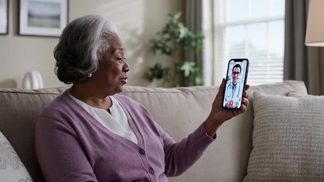 Elderly woman sitting on sofa having video call with doctor on smartphone for telemedicine session at home