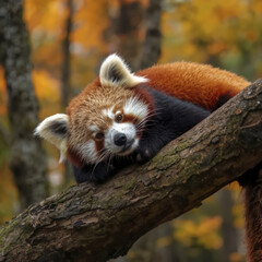 Fototapeta premium Serene Red Panda Resting on Tree Branch Amid Colorful Forest Canopy - Tranquil Wildlife Moment Capturing Calm and Nature Harmony