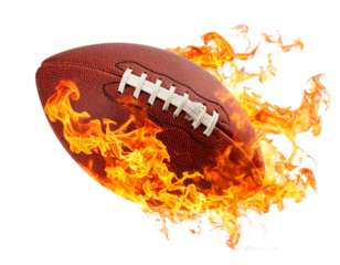 Flying American football Engulfed in Flames isolated on transparent or white background