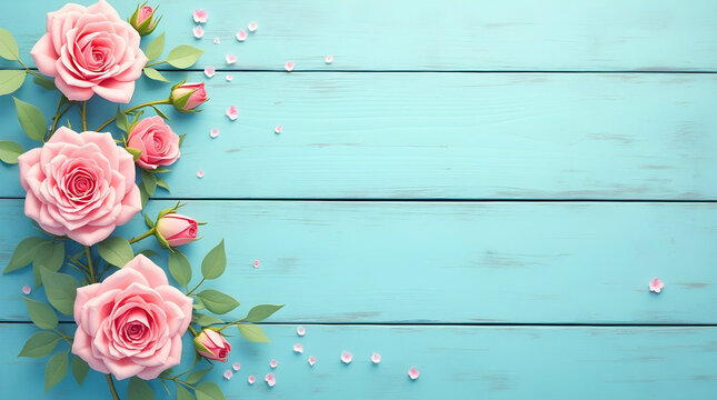 Beautiful pink roses and delicate buds bloom across a vibrant turquoise wooden background, creating a charming floral border with scattered petals and plenty of copy space