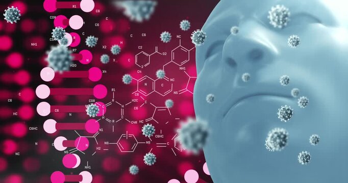 Digital animation of multiple cells floating over human face model against blue background