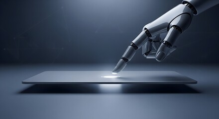 Futuristic cyborg hand interacting with a glowing digital tablet or activation point in a dark, sophisticated technological environment