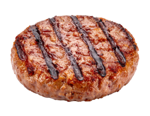 Grilled burger patty with grilled mark isolated on transparent or white background