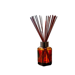 Amber bottle with reeds against black background