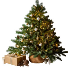 Decorated Christmas tree with gifts and a basket