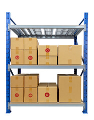 Metal shelf with carton box in warehouse isolated on transparent or white background