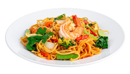 Noodle stir fried with shrimp dish isolated on transparent or white background