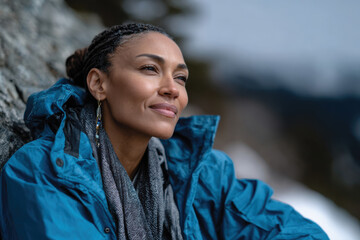 A reflective woman gazing thoughtfully into the distance while dressed in a blue jacket, embodying connection with nature and a deep sense of serenity.