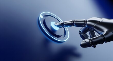 Robotic hand touching glowing digital interface button, representing artificial intelligence, technology, and future innovation.