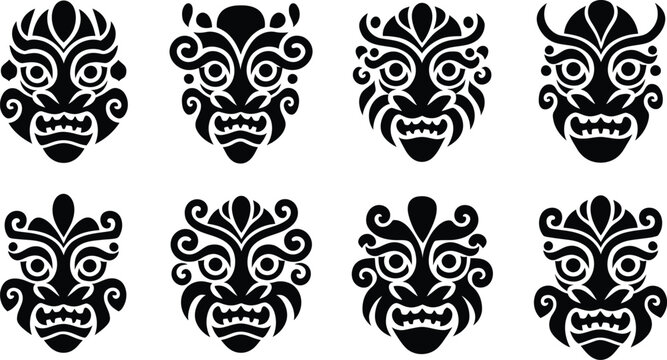 Tribal Mask Set. Polynesian Tiki Totem Faces. Maori Tattoo Style Vector Icons.