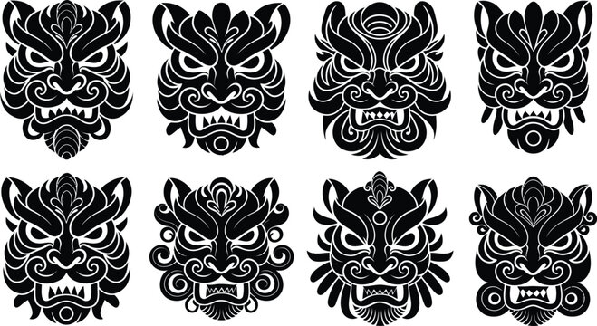 Tribal Mask Set. Polynesian Tiki Totem Faces. Maori Tattoo Style Vector Icons.
