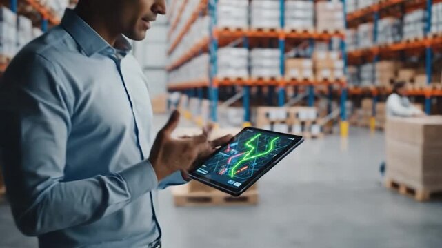 Supply chain manager using digital tablet to monitor real time inventory and logistics in modern warehouse