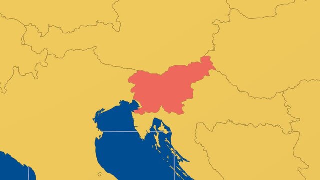Slovenia on Globe. Animated zoom into the country in Ocean Blue Golden Yellow color palette. Slovenia logo animation. Map with meridians, parallels. Classic video.
