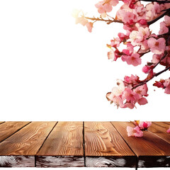 Wood table with blossoms against a black backdrop