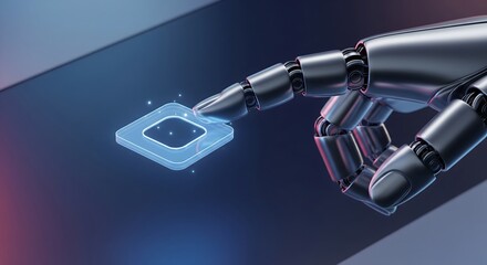 Robotic arm finger touching glowing abstract digital interface element, representing artificial intelligence, innovation, and futuristic technology.