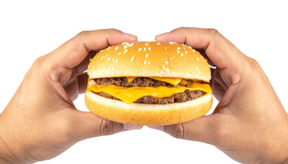 Selective focus hand holding cheese burger isolated on transparent or white background