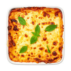 Selective focus fresh baked lasagna with grilled cheese on top, isolated on transparent or white background