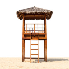 Selective focus lifeguard tower on the beach isolated on transparent or white background