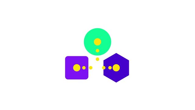 Various geometric shapes including a green circle and purple hexagon are connected by a series of small yellow dots to represent a networked system of information or digital data processing