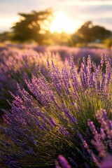 Fototapeta premium Lavender field bathed in golden sunset, with purple blooms stretching into the distance. Concept Lavender Field, Golden Hour, Sunset Glow, Purple Blooms, Dreamy Landscape