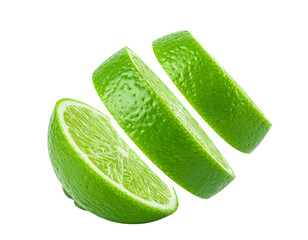 Slice of green lime flying isolated on transparent or white background