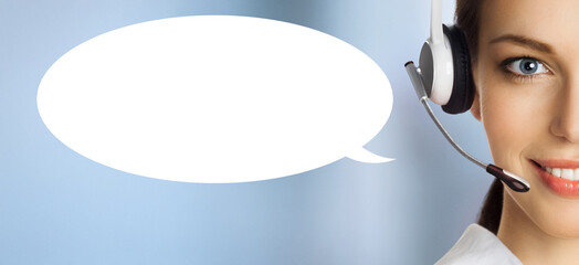 Representative call center. Half face businesswoman woman callcenter support phone operator wear headset, blurred office background with empty mockup speech bubble. Customer service help concept