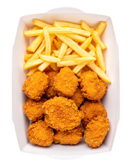 Top view chicken nugget and french fries in delivery carton box isolated on transparent or white background