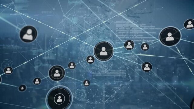 Animation of network of connections with icons over clock