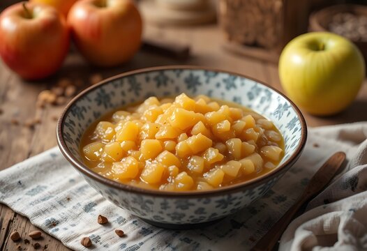 Homemade apple compote served in a decorative bowl with fresh apples on a rustic wooden table. applesauce