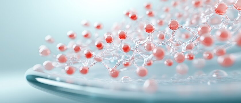 Abstract network of red molecules connecting in clear fluid representing life science research and discovery