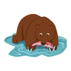 Cute cartoon brown bear walking in the river with a fish in its mouth, animal flat vector illustration.