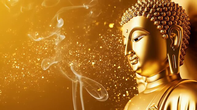 Golden Buddha Statue Profile Visakha Bucha Saffron Gradient Background