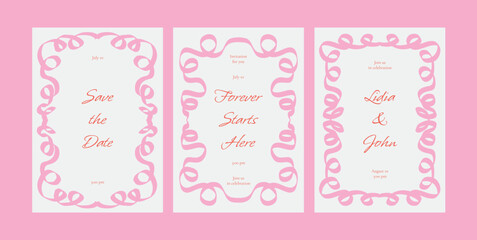 Set of Elegant Pink Wedding Invitations with curly ribbon borders. Includes Save the Date, couple names, and celebration message. Romantic minimal layout with calligraphy. Vector illustration design.