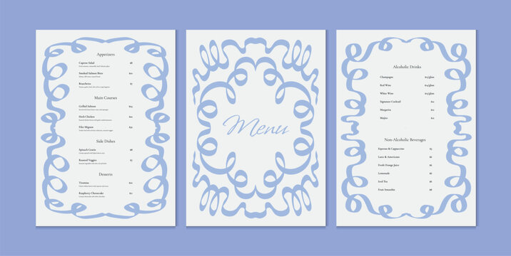 Set of Ornate Classic Menu Templates with pastel blue swirly borders. Elegant vector layout for wedding or restaurant menu, flyer, invitation, banner or greeting design. Vector illustration.