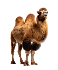 Standing camel in desert environment isolated on white background