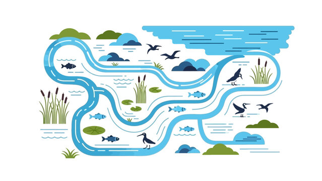 Illustration of a winding blue river with various aquatic plants, fish, and birds, symbolizing World Wetlands Day in a flat, graphic style with a calming and natural mood against a clean
