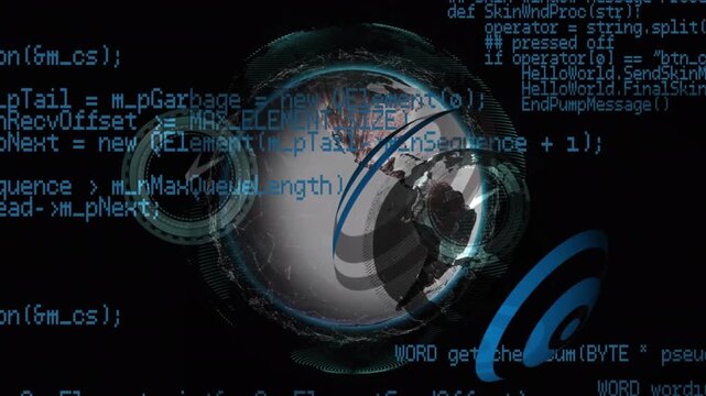 Animation of blue colored programming language over shield around globe and digital clocks