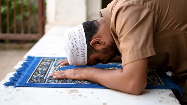Muslim Man Praying Outdoors with Worshiping Allah, and Islamic Ritual.