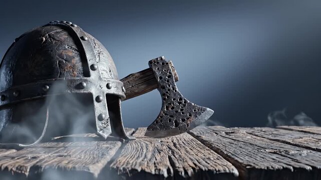 Realistic Viking Helmet and Battle Axe on Rough Wooden Table Viking Festival