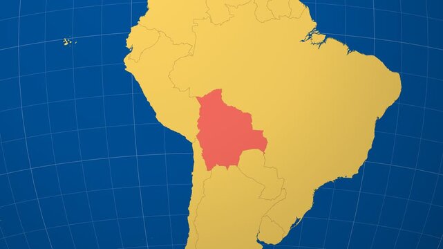 Bolivia on Globe. Animated zoom into the country in Ocean Blue Golden Yellow color palette. Bolivia logo animation. Map with meridians, parallels. Captivating video.